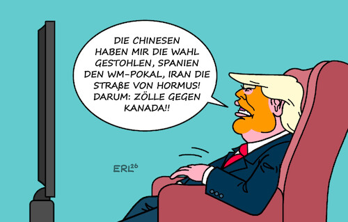 Cartoon: Trumpsche Logik (medium) by Erl tagged politik,usa,trump,diebstahl,china,wahl,spanien,fußball,wm,pokal,iran,straße,von,hormus,logik,zölle,kanada,karikatur,erl,politik,usa,trump,diebstahl,china,wahl,spanien,fußball,wm,pokal,iran,straße,von,hormus,logik,zölle,kanada,karikatur,erl