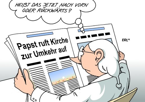 Cartoon: Umkehr (medium) by Erl tagged papst,benedikt,xvi,16,besuch,deutschland,aufruf,kirche,umkehr,vorwärst,rückwärts,papst,benedikt,besuch,deutschland,aufruf,kirche