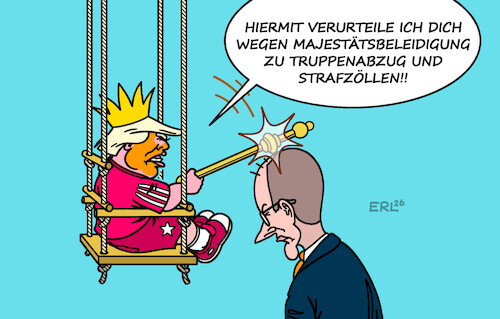 Cartoon: Urteil (medium) by Erl tagged politik,bundeskanzler,merz,meinung,irankrieg,usa,trump,könig,majestätsbeleidigung,urteil,reaktion,truppenabzug,strafzölle,karikatur,erl,politik,bundeskanzler,merz,meinung,irankrieg,usa,trump,könig,majestätsbeleidigung,urteil,reaktion,truppenabzug,strafzölle,karikatur,erl