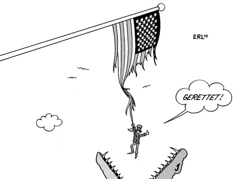 Cartoon: USA Fiskalklippe (medium) by Erl tagged usa,haushalt,schulden,sparen,steuererhöhung,fiskalklippe,einigung,demokraten,republikaner,kompromiss,aufschub,flagge,krokodil,uncle,sam