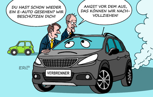 Cartoon: Verbrenner-Aus (medium) by Erl tagged politik,klima,klimawandel,erderwärmung,co2,auto,verbrenner,aus,eu,aufweichung,abschaffung,merz,macron,nachteil,elektroauto,karikatur,erl,politik,klima,klimawandel,erderwärmung,co2,auto,verbrenner,aus,eu,aufweichung,abschaffung,merz,macron,nachteil,elektroauto,karikatur,erl