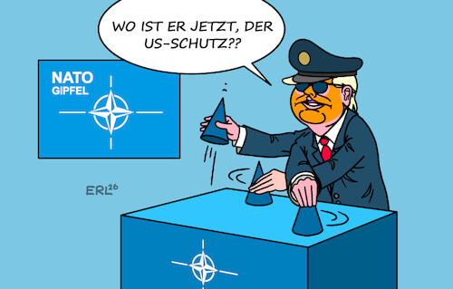 Cartoon: Verlässlicher Partner (medium) by Erl tagged politik,militär,verteidigung,bündnis,nato,gipfel,usa,trump,schutz,unzuverlässig,hütchenspieler,karikatur,erl,politik,militär,verteidigung,bündnis,nato,gipfel,usa,trump,schutz,unzuverlässig,hütchenspieler,karikatur,erl