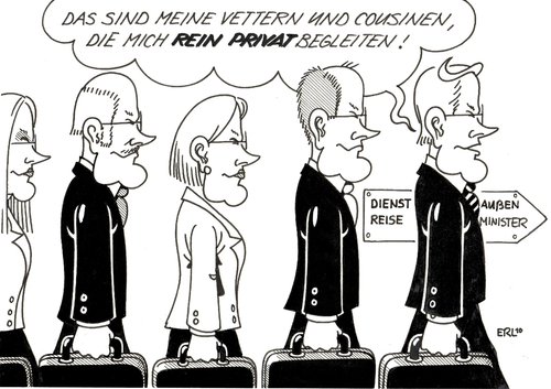 Cartoon: Vettern (medium) by Erl tagged guido westerwelle,außenminister,dienstreise,begleitung,familie,vettern,cousinen,wirtschaft,guido,westerwelle