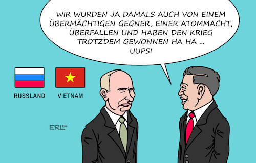 Cartoon: Vietnamesischer Fauxpas (medium) by Erl tagged politik,krieg,angriff,überfall,russland,ukraine,wladimir,putin,besuch,vietnam,erinnerung,vietnamkrieg,usa,vergleich,ukrainekrieg,david,gegen,goliath,karikatur,erl,politik,krieg,angriff,überfall,russland,ukraine,wladimir,putin,besuch,vietnam,erinnerung,vietnamkrieg,usa,vergleich,ukrainekrieg,david,gegen,goliath,karikatur,erl