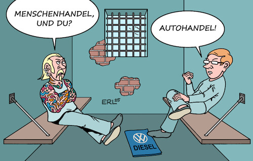 Cartoon: VW-Manager (medium) by Erl tagged politik,wirtschaft,auto,volkswagen,vw,diesel,betrug,manager,haftstrafen,gefängnis,karikatur,erl,politik,wirtschaft,auto,volkswagen,vw,diesel,betrug,manager,haftstrafen,gefängnis,karikatur,erl