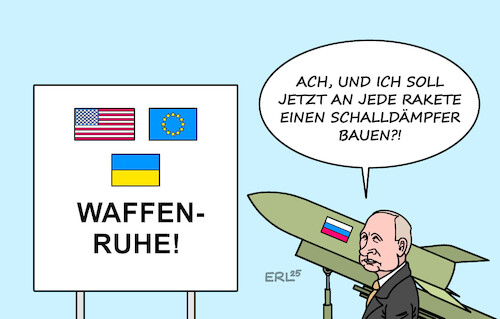 Cartoon: Waffenruhe (medium) by Erl tagged politik,krieg,russland,ukraine,usa,eu,waffenruhe,putin,raketen,verhandlungen,karikatur,erl,politik,krieg,russland,ukraine,usa,eu,waffenruhe,putin,raketen,verhandlungen,karikatur,erl