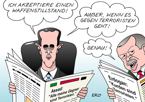 Cartoon: Waffenstillstand (medium) by Erl tagged syrien,waffenstillstand,usa,russland,rebellen,assad,ausnahme,terroristen,türkei,erdogan,kurden,karikatur,erl,syrien,waffenstillstand,usa,russland,rebellen,assad,ausnahme,terroristen,türkei,erdogan,kurden,karikatur,erl