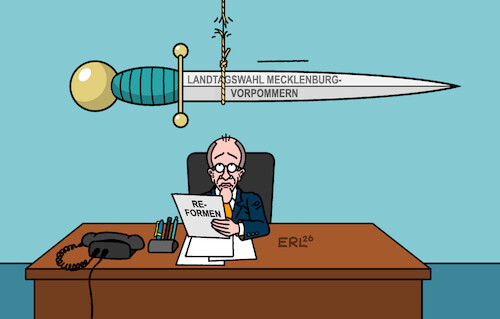 Cartoon: Wahl MV (medium) by Erl tagged politik,bundeskanzler,friedrich,merz,umfragetief,zweifel,eignung,amt,wahl,landtagswahl,mecklenburg,vorpommern,damoklesschwert,karikatur,erl,politik,bundeskanzler,friedrich,merz,umfragetief,zweifel,eignung,amt,wahl,landtagswahl,mecklenburg,vorpommern,damoklesschwert,karikatur,erl