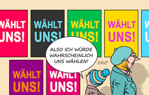 Cartoon: Wahlplakate III (medium) by Erl tagged politik,neuwahlen,wahlkampf,wahlplakate,spd,cdu,csu,grüne,fdp,afd,bsw,linke,mutter,kind,karikatur,erl,politik,neuwahlen,wahlkampf,wahlplakate,spd,cdu,csu,grüne,fdp,afd,bsw,linke,mutter,kind,karikatur,erl