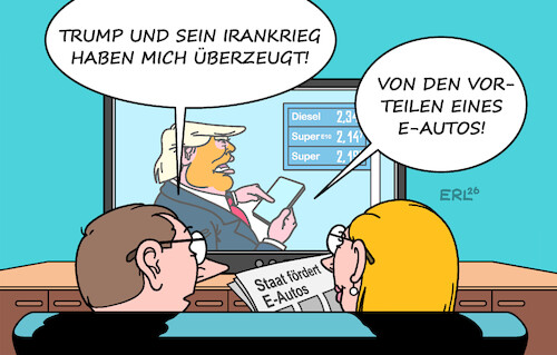 Cartoon: Was Umweltschützer nicht ... (medium) by Erl tagged politik,usa,trump,irankrieg,anstieg,ölpreis,spritpreis,umdenken,bundesregierung,förderung,elektroauto,karikatur,erl,politik,usa,trump,irankrieg,anstieg,ölpreis,spritpreis,umdenken,bundesregierung,förderung,elektroauto,karikatur,erl