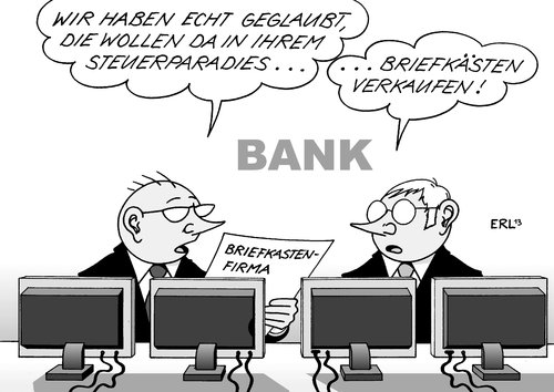 Cartoon: Wer s glaubt (medium) by Erl tagged steueroase,briefkastenfirma,steuerhinterziehung,beihilfe,bank,deutsche,kriminalität,schwarzgeld