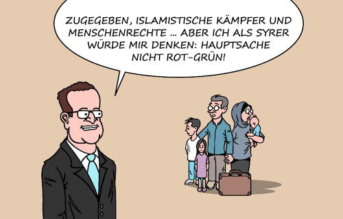 Cartoon: Werbung für Rückkehr (medium) by Erl tagged politik,syrien,sturz,assad,diskussion,deutschland,rückkehr,flüchtlinge,unsicherheit,menschenrechte,spahn,karikatur,erl,politik,syrien,sturz,assad,diskussion,deutschland,rückkehr,flüchtlinge,unsicherheit,menschenrechte,spahn,karikatur,erl