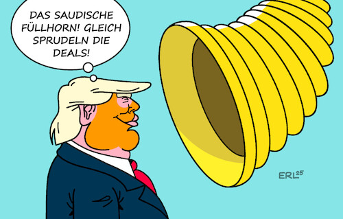 Cartoon: Werteorientierte Außenpolitik (medium) by Erl tagged politik,usa,trump,besuch,saudi,arabien,reichtum,handel,deals,füllhorn,werte,außenpolitik,karikatur,erl,politik,usa,trump,besuch,saudi,arabien,reichtum,handel,deals,füllhorn,werte,außenpolitik,karikatur,erl
