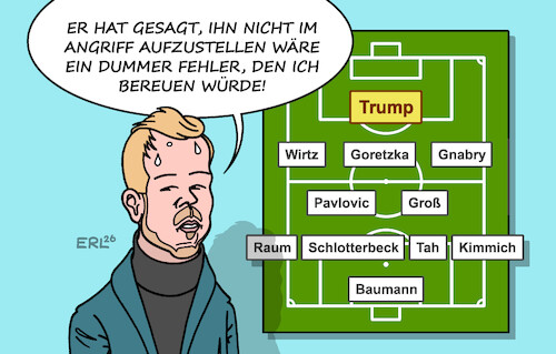Cartoon: WM-Titel ade! (medium) by Erl tagged politik,sport,fußball,wm,usa,mexiko,kanada,bundestrainer,nagelsmann,aufstellung,trump,angriff,drohung,karikatur,erl,politik,sport,fußball,wm,usa,mexiko,kanada,bundestrainer,nagelsmann,aufstellung,trump,angriff,drohung,karikatur,erl