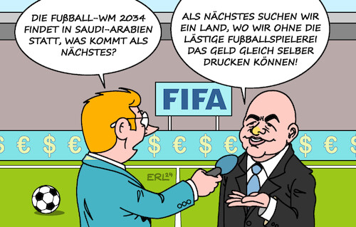 Cartoon: WM in Saudi-Arabien (medium) by Erl tagged politik,sport,fußball,wm,fifa,saudi,arabien,absolute,monarchie,diktatur,geld,gier,geldgier,infantino,karikatur,erl,politik,sport,fußball,wm,fifa,saudi,arabien,absolute,monarchie,diktatur,geld,gier,geldgier,infantino,karikatur,erl