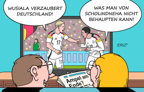 Cartoon: Wusiala (medium) by Erl tagged politik,sport,fußball,wirtz,musiala,begeisterung,ampel,spekulation,ende,scholz,lindner,habeck,karikatur,erl,politik,sport,fußball,wirtz,musiala,begeisterung,ampel,spekulation,ende,scholz,lindner,habeck,karikatur,erl