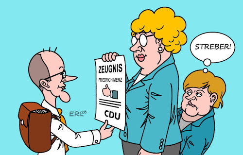 Cartoon: Zeugnistag I (medium) by Erl tagged politik,cdu,parteitag,friedrich,merz,wiederwahl,vorsitz,ergebnis,gut,zeugnis,merkel,karikatur,erl,politik,cdu,parteitag,friedrich,merz,wiederwahl,vorsitz,ergebnis,gut,zeugnis,merkel,karikatur,erl