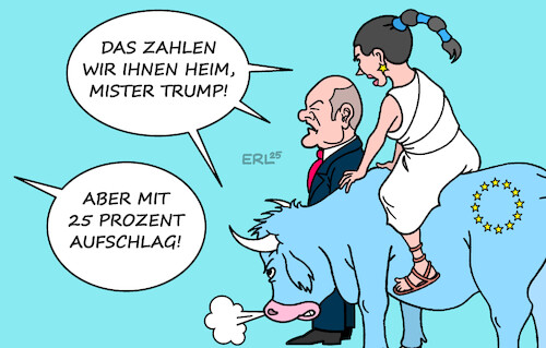 Cartoon: Zölle EU (medium) by Erl tagged politik,usa,präsident,donald,trump,zölle,import,reaktion,eu,scholz,europa,stier,karikatur,erl,politik,usa,präsident,donald,trump,zölle,import,reaktion,eu,scholz,europa,stier,karikatur,erl