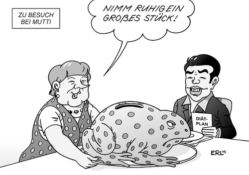 Cartoon: Zu Besuch bei Mutti (medium) by Erl tagged griechenland,ministerpräsident,alexis,tsipras,besuch,deutschland,bundeskanzlerin,angela,merkel,eu,ezb,iwf,troika,sparkurs,reformen,bedingung,hilfe,kredite,kröte,schlucken,reformliste,diätplan,mutti,essen,stück,groß