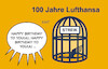 Cartoon: 100 Jahre Lufthansa (small) by Erl tagged politik,verkehr,luftverkehr,luftfahrt,lufthansa,100,jahre,jubiläum,streik,kranich,käfig,karikatur,erl