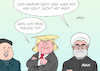 Cartoon: Iran Trump Kim (small) by Erl tagged politik,gipfel,treffen,usa,präsident,donald,trump,kim,jong,un,diktator,nordkorea,annäherung,beziehungen,vertiefung,freundschaft,frieden,atomwaffen,abrüstung,gegensatz,behandlung,iran,feindschaft,entfremdung,ausstieg,atomvertrag,karikatur,erl