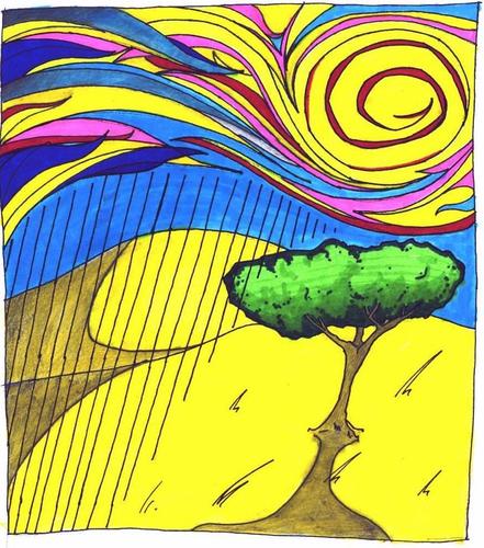 Cartoon: Savannah (medium) by robobenito tagged savannah,hills,tree,sun,clouds,swirl,colors,gold,pen,pencil,highlighter,marker,peaceful,beauty,sunshine,environment,ecology,ecological,landscape,shadow,sky,mountains,rolling,rain,atmosphere,climate