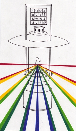 Cartoon: Shed Light (medium) by robobenito tagged lantern,drawing,light,spectrum,shed,pen,pencil,ink,color,torch,wisdom,learning,shine,shining,illumination,glow,beams,numbers,puzzle,flame,sight,vision,truth,justice,path,rainbow,full,brilliant