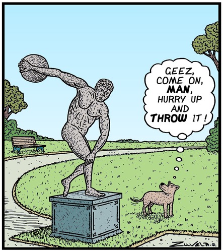 Cartoon: Dumb Doggie (medium) by Tony Zuvela tagged dog,frisbee,discus,thrower,statue,waiting,dumb,unaware,doesnt,realise,throw,disc