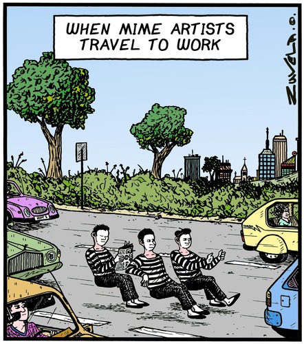 Cartoon: Mimes on the way to Work (medium) by Tony Zuvela tagged mime,artists,traveling,to,work,artist,cars,vehicles,road,highway,driving,art,form,craft,travel,office,show