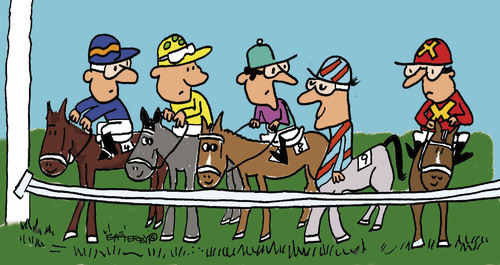 Cartoon: Horse Race (medium) by EASTERBY tagged horse,racing,jockeys,pferde,tiere,illustaration,jockeys,rennen,sport