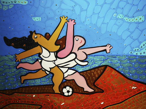 Cartoon: 2 women playing soccer (medium) by Munguia tagged picasso,women,running,on,the,beach,football,soccer,ball,girls,parody,art,painting,xx,century