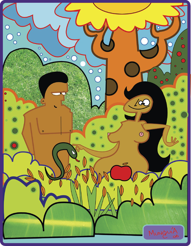 Cartoon: adam y eva (medium) by Munguia tagged adam,eve,eva,paradise,snake,genesis,love,apple,forbiden,fruit