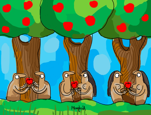 Cartoon: Adams and Eves (medium) by Munguia tagged sexual,diversity,adam,eve,paradise,apple,tree,love,woman,man,women,men,couple