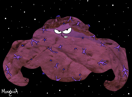 Cartoon: asteroid with steroids (medium) by Munguia tagged asteroid,steroids,asteroide,esteroides,cartoon,caricatura,humor,grafico,munguia,costa,rica,centroamerica,space,musculos,muscles,drugs,drogas