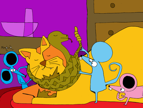 Cartoon: Rattle the cat (medium) by Munguia tagged classic,tales,shhh,bell,mice,mouse,kitty,cat,rattlesnake