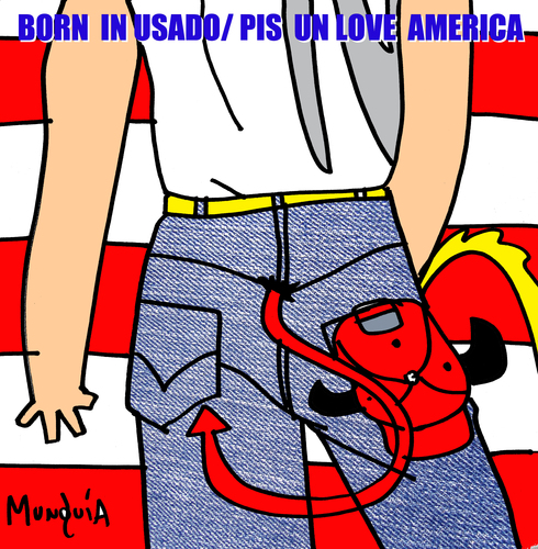 Cartoon: pis unlove (medium) by Munguia tagged rica,costa,munguia,satan,devil,urin,flag,parody,parodies,album,cover,un,pis,love,and,peace,america,springfield,springsteen,bruce,usa,in,born