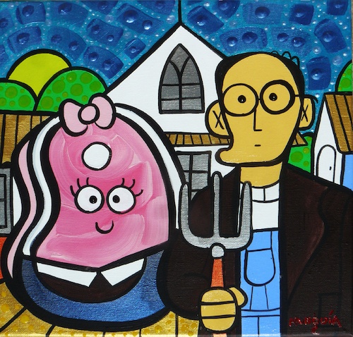 Cartoon: casado con chuleta (medium) by Munguia tagged american,gothic,gotico,americano,grant,wood,parody,famous,paintings,meat