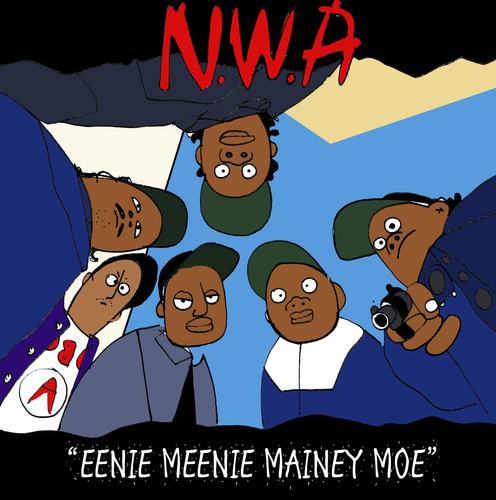 Cartoon: EENIE MEENEI MINEY MOE (medium) by Munguia tagged nwa,cover,album,eazy,ice,cube,dr,dre,straight,outta,compton,parody,spoof,mash,up