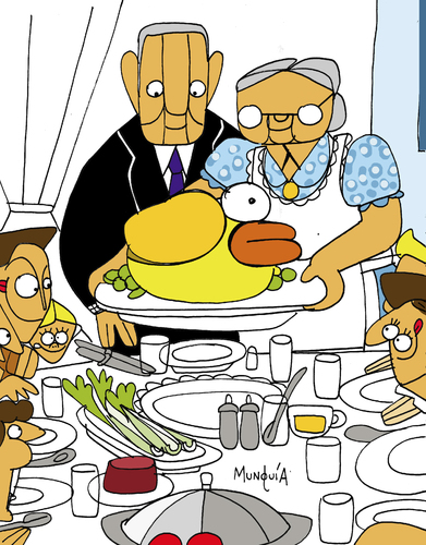 Cartoon: Flappy Thanksgivings (medium) by Munguia tagged flappy,bird,thanksgivings,freedom,from,want,norman,rockwell,painting,parody