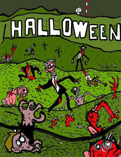 Cartoon: Halloween (medium) by Munguia tagged zombis,muertos,caricatura,grafico,humor,rica,costa,munguia,movie,thriller,cementery,death,decay,dead,living,halloween,zombies,montain,billboard,hollywood