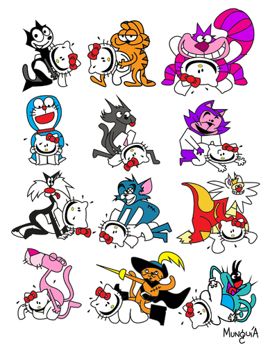Cartoon: hello kitty in heat (medium) by Munguia tagged panther,pink,wonderland,in,alice,benito,benny,snarf,oggy,boots,silvester,tom,felix,garfield,gato,pussy,hello,cat,cartoon,kitty