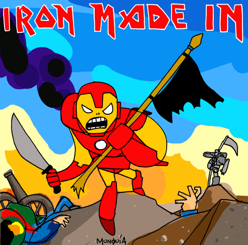 Cartoon: Iron Made in... (medium) by Munguia tagged iron,man,maiden,the,trooper,cover,album,parody,parodies,war,kill,robot,mecha,mechanical,comic,marvel