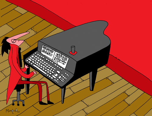 Cartoon: keyboardist (medium) by Munguia tagged stage,pianist,musician,music,piano,keyboard,computer,digit,teclado,tecladista,munguia,costa,rica,humor,grafico,caricaturas,dibujos,arte,chiste