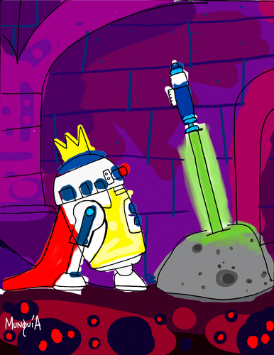 Cartoon: King R2 (medium) by Munguia tagged arturito,arturo,arthur,king,robot,wars,star,starwars,r2d2,cartoon,calcamunguias,rey,george,rica,costa,movie,android,lucas