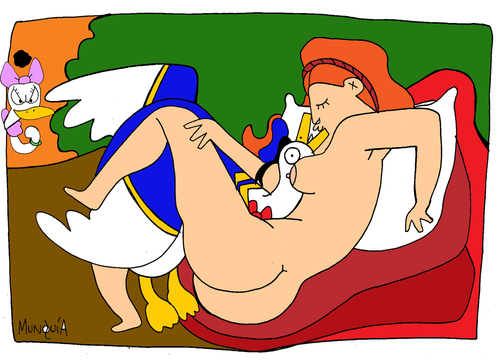 Cartoon: Leda and Donald Duck (medium) by Munguia tagged zoo,swan,leda,rubens,munguia,naked,nude,duck,donald,disney,daisy,greek,mithology,griego,costa,rica