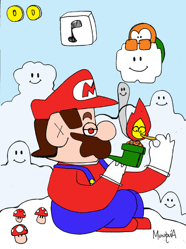 Cartoon: Marios Pipe (medium) by Munguia tagged mario,bros,video,games,nintendo,fire,pipe,smoke,drugs,tobaco,tabaco,heaven,clouds,fungus,mushroom