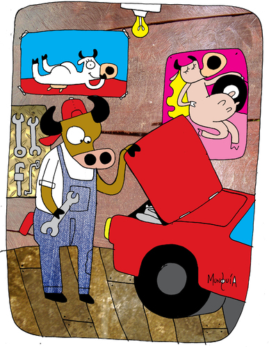 Cartoon: Mechanical Bull (medium) by Munguia tagged toro,mecanico,mechanical,bull,mechanics,mecha,car,automobile,reparation,center,fix