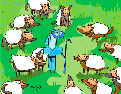 Cartoon: Pastor de lobos vestidos d oveja (medium) by Munguia tagged facebook,wolf,sheep,chothes,wear,sheeper,internet,munguia,calcamunguias,costa,rica
