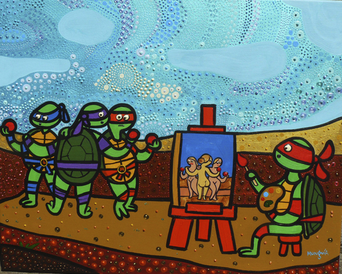 Cartoon: Rafael painting the 3 Gracies (medium) by Munguia tagged teenage,mutant,ninja,turtles,super,heroes,graces,rafael,parody,painting