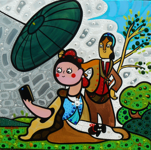 Cartoon: Selfie (medium) by Munguia tagged goya,parasol,parody,famous,paintings,celphone,self,photo